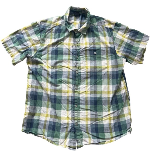 MOUNTAIN HARDWEAR Short Sleeve Button Up Shirt Mens Size Large Green Blue Yellow - Picture 2 of 13